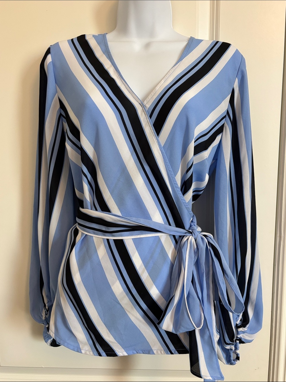 INC Striped Wrap-Front Blue Blouse Dress M